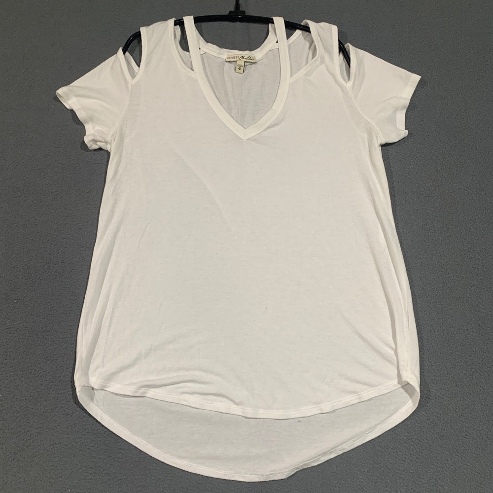 Express One Eleven T-Shirt Womens Medium White Cold Shoulder V-Neck Strappy Tee